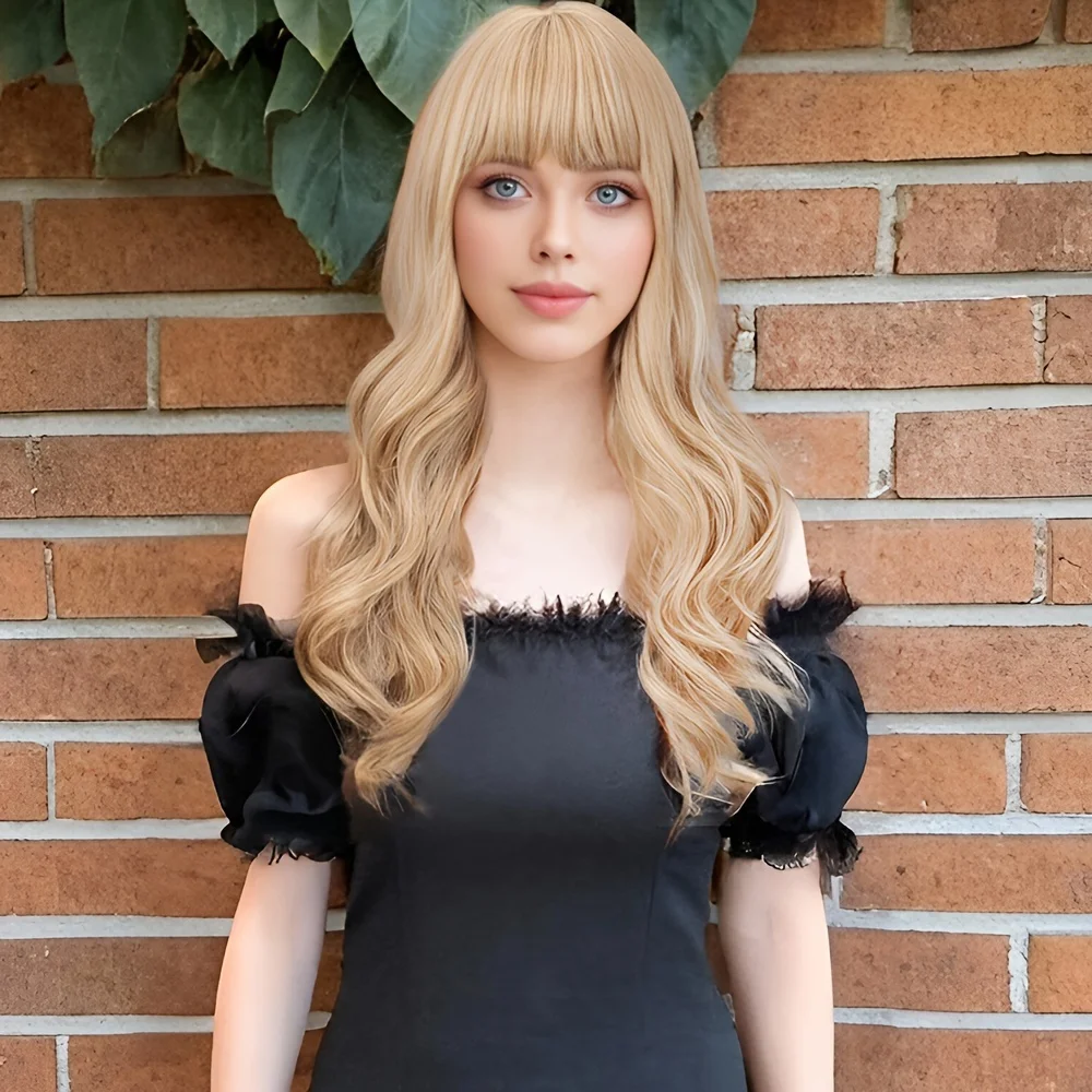 synthesis Long  Blonde Platinum Wig with Bangs Cosplay Daily Use Natural Hair Heat Resistant Wig for Women