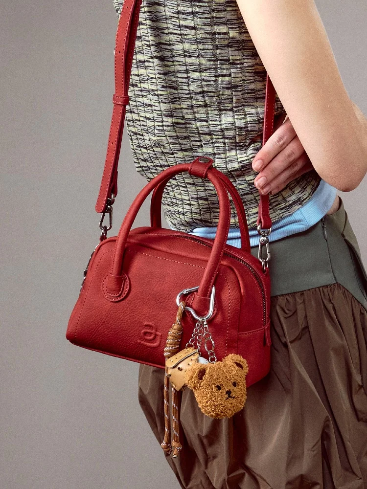 JACD Red Women's Crossbody Bag Bowling Boston Bag Birthday Gift Shoulder Handbag Soft PU Leather Pure Color Casual Bag