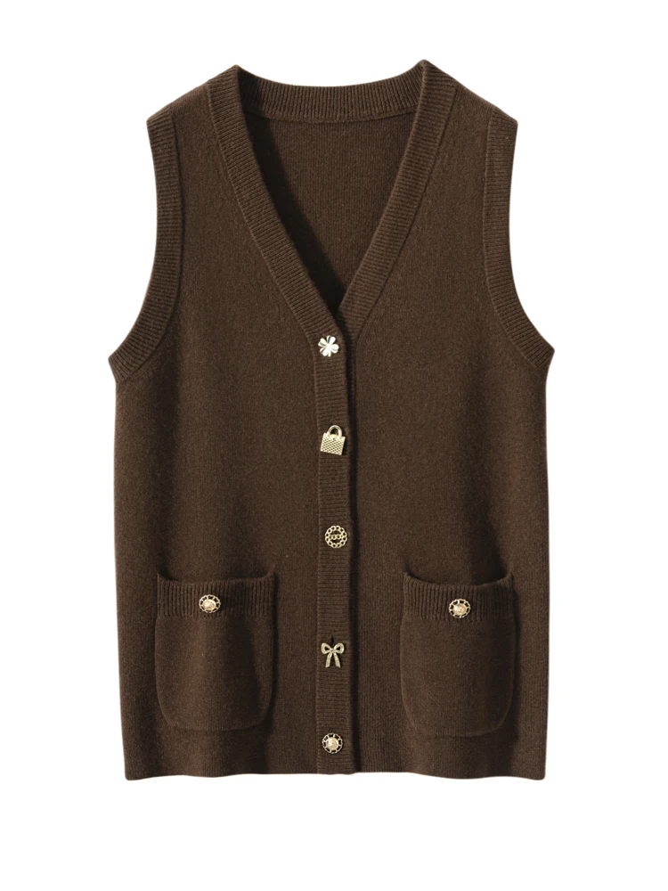 High Quality Women 100% Cashmere Sweater Vest V-neck Metal Buttons Sleeveless Cardigan Autumn Winter Thick Casual Chic Waistcoat