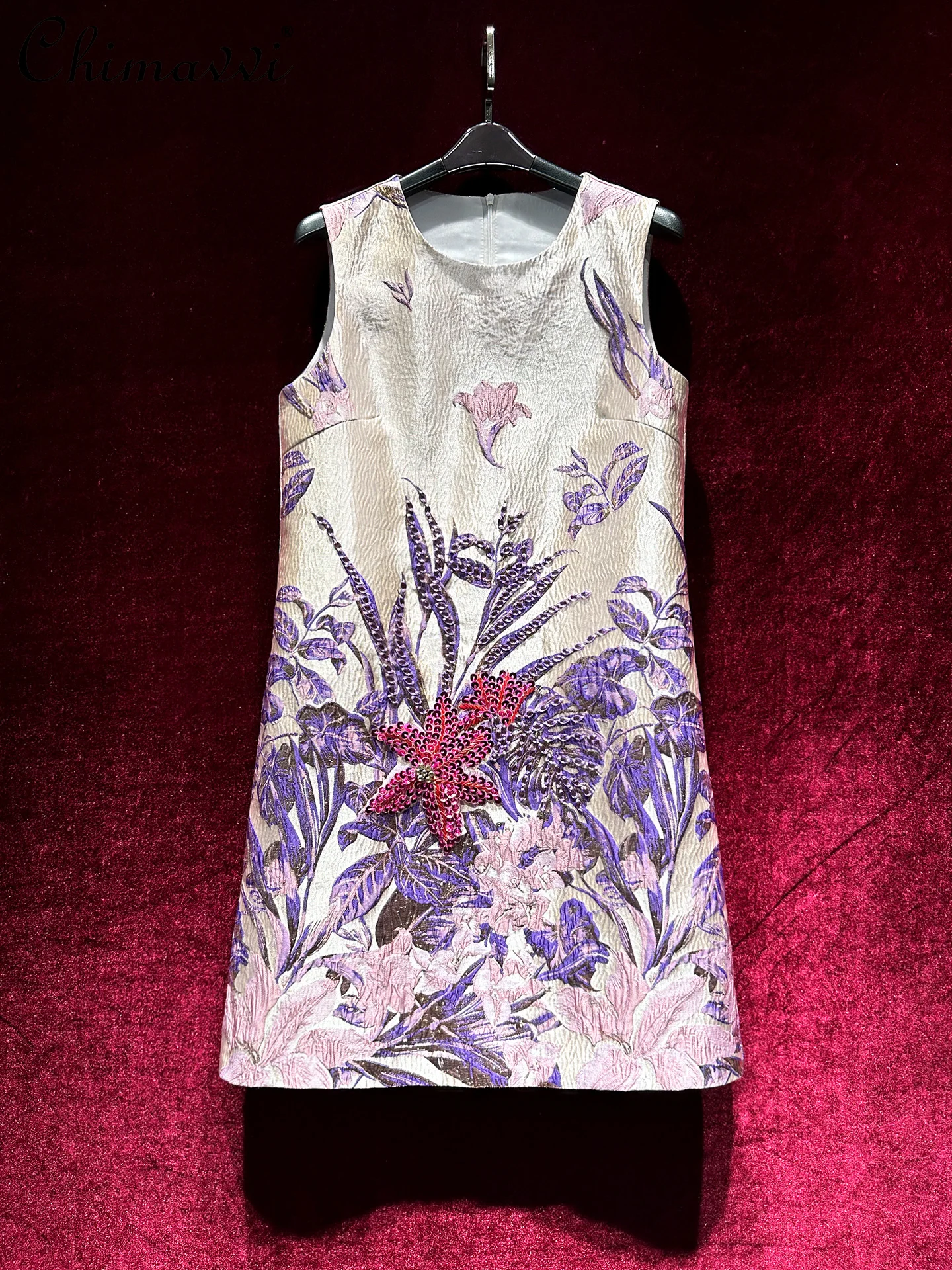 

Heavy Industry Bead Elegant Sleeveless Light Luxury Dress Women's Summer High-end Crew Neck Retro Printing Party Short Dress