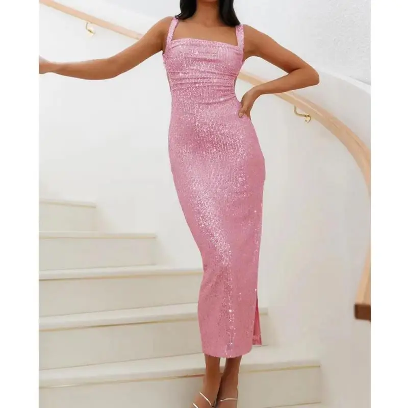 2024 New Women\'s Square Neck Slim Fit Sexy Backless Backless Strap Split Bead Sequin Evening Dress Dress