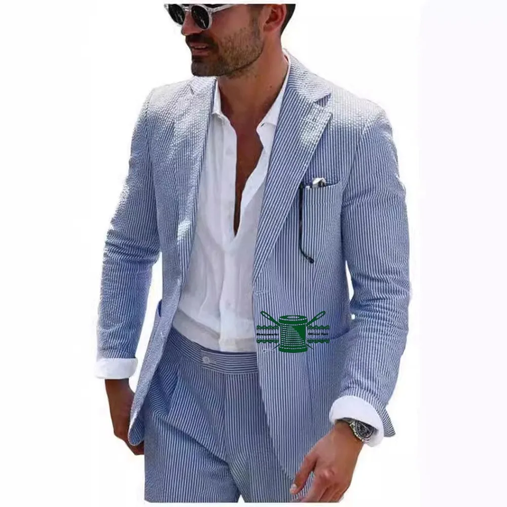 

Seersucker Men's Suits 2Pcs Summer Formal Business Office Wedding Groom Tuxedos Pinstripe Man Suits