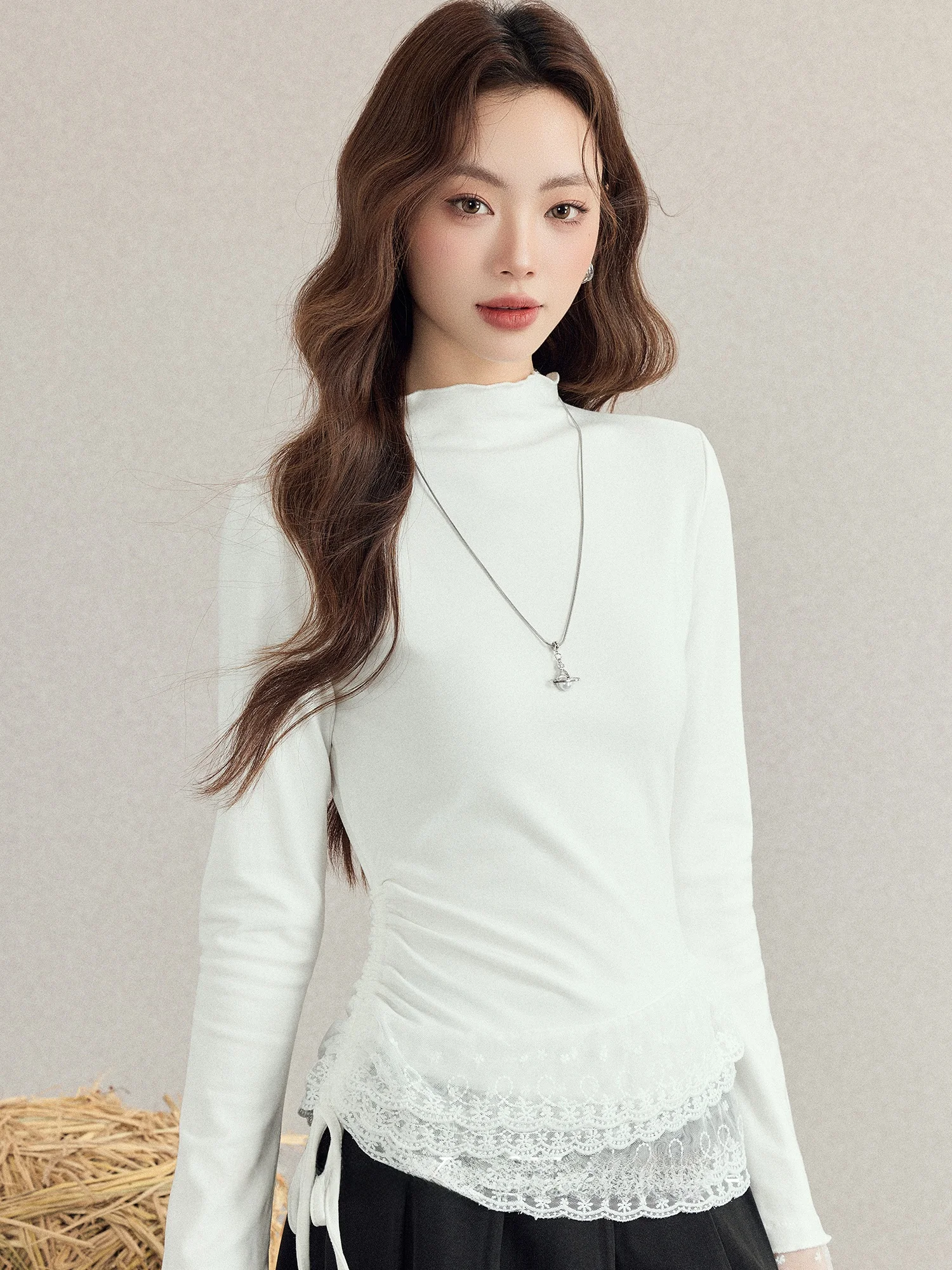 

Женский облегающий вязаный свитер с кружевными вставками и высоким воротником, осенне-зимняя новинка, базовая модель, белый, мягкий, дышащий, с длинными рукавами