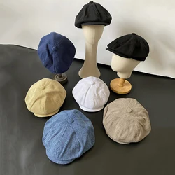 New Men Vintage Cotton Bakerboy Caps Newsboy Cap  Spring and Autumn Women Lightweight Breathable Beret Hats Blue White BJM54