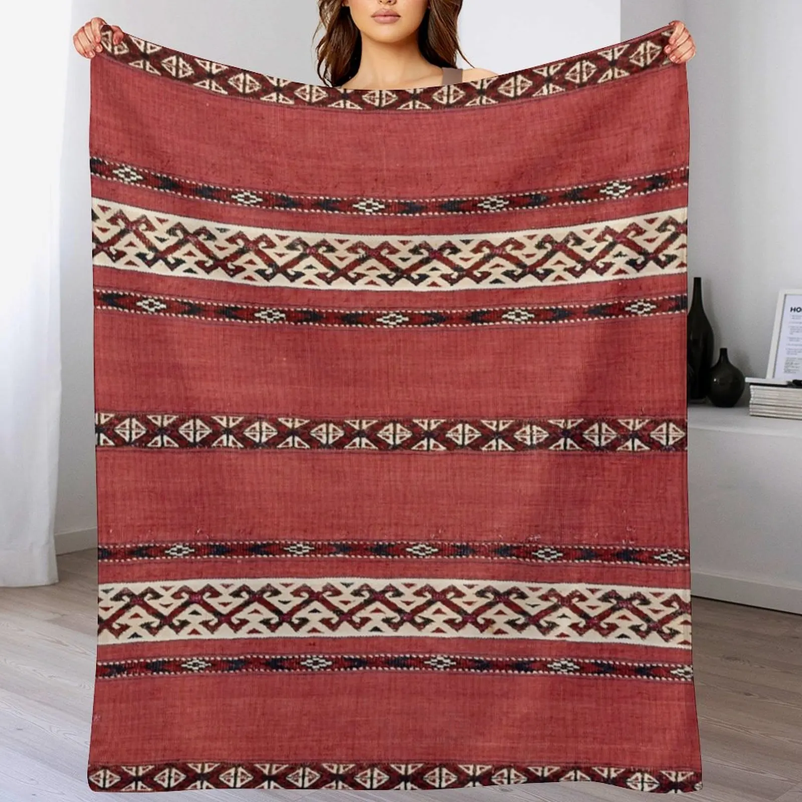 

Triangle Stripe Kilim II 19th Century Authentic Colorful Picture of a Red Black and White Rug Throw Blanket Single Blankets