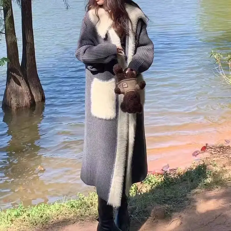 2025 New Style Lazy and Loose Patchwork Synthetic Felt-Like Fur Winter Long-Sleeved Cardigan