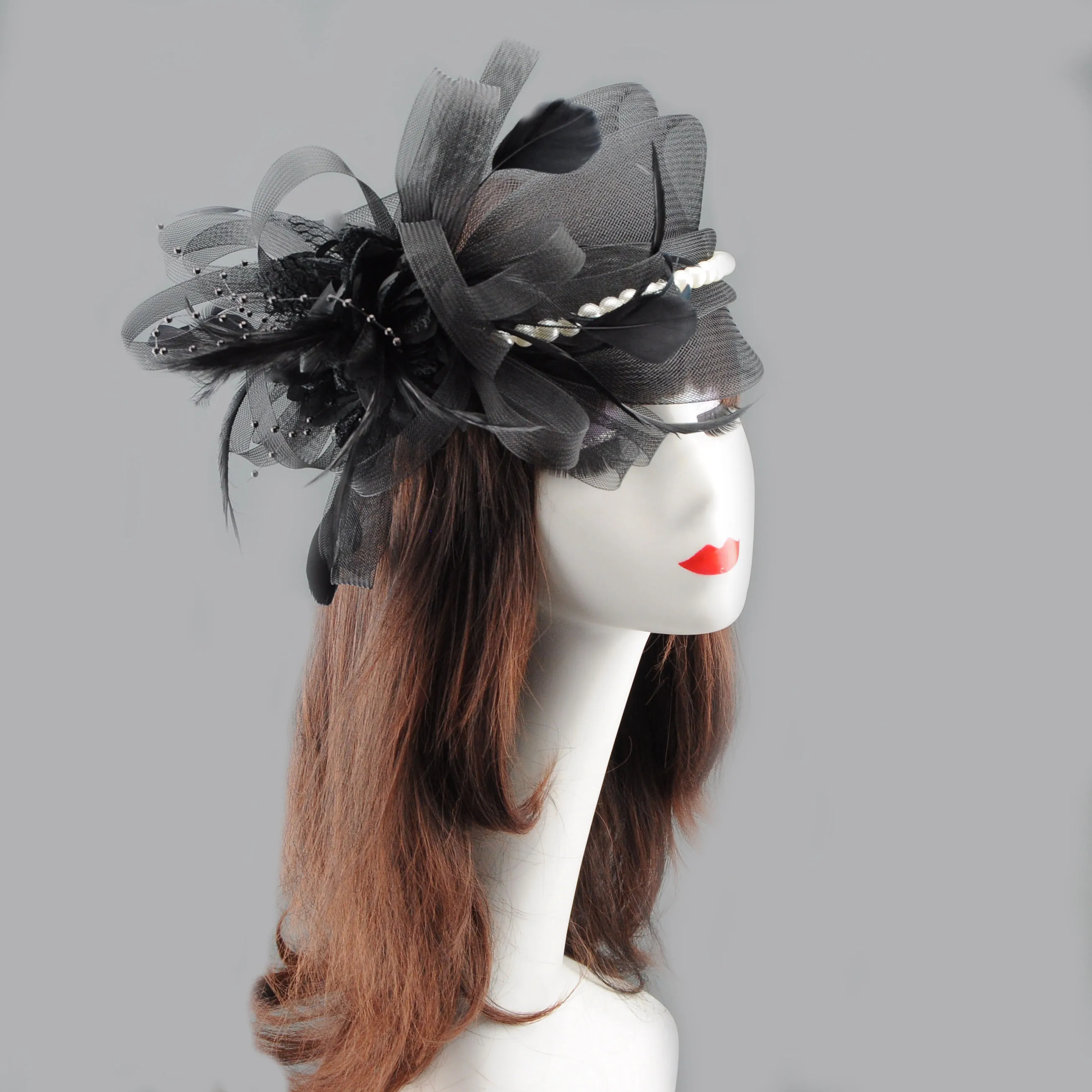 Women Royal Blue Mesh Feather Pearl Fascinator Hat, Elegant Ladies Cocktail Tea Party Wedding Derby Headwear Formal Dress Hair A view 2