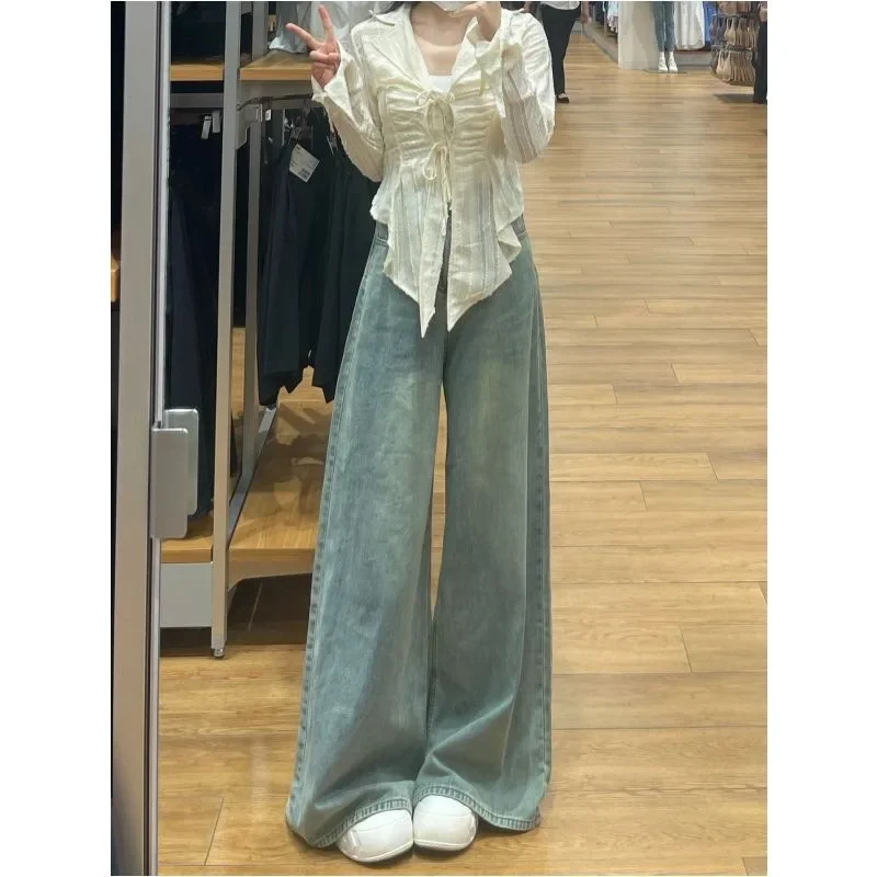 Hohe Taille Hosen für Frauen Feste Beiläufige Baggy Jeans Frauen Gewaschen Vintage Breite bein Jeans Jugendliche Weibliche Hosen Streetwear y2k