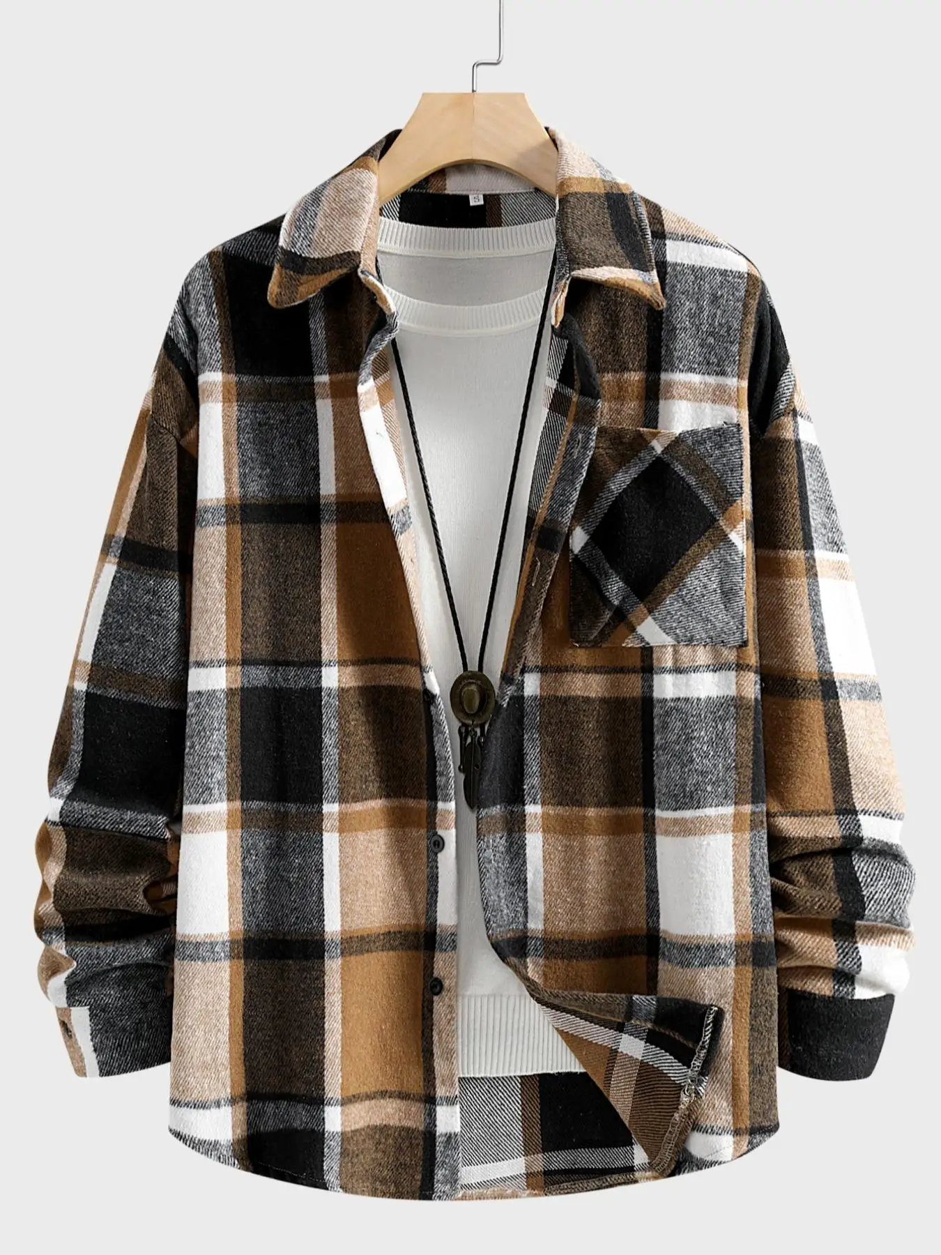 Men's Plaid Long Sleeve Shirt Jacket Open Front Button-Up Cardigan Coat Casual Fashion Outerwear