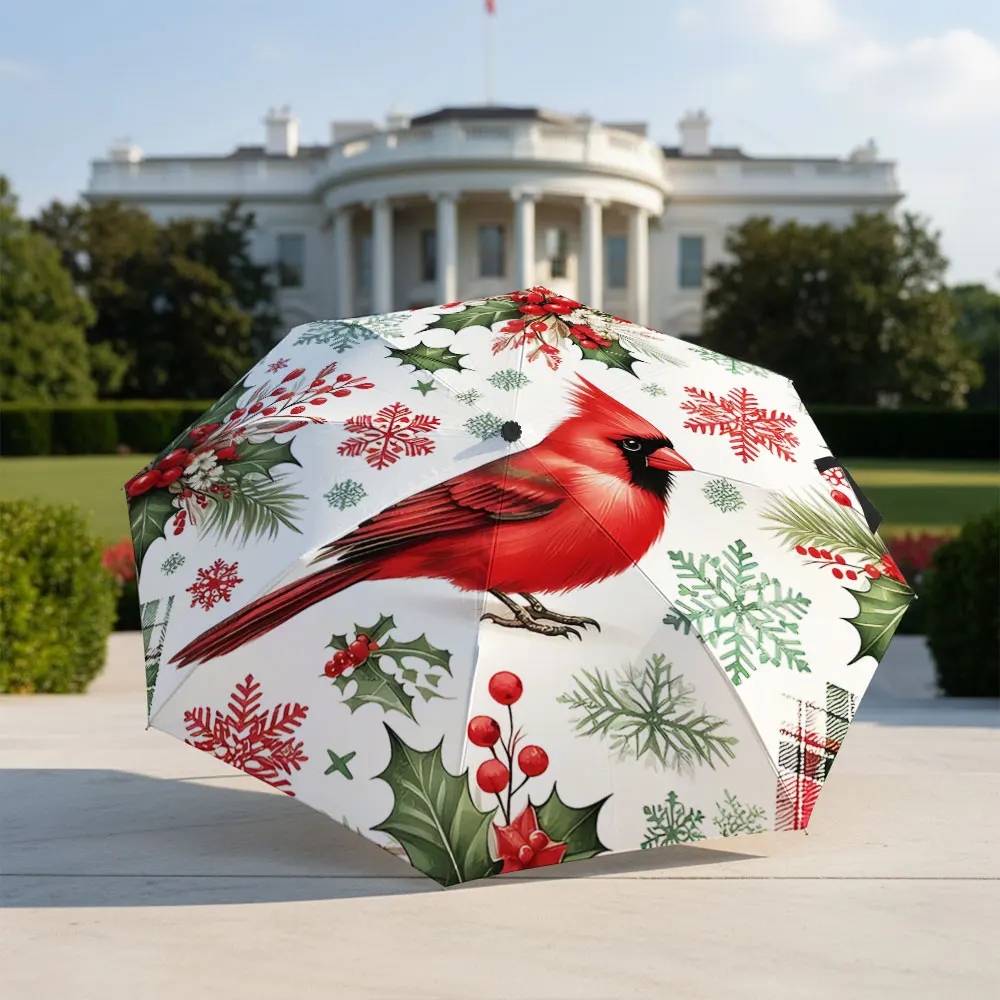 Festive Cardinal & Snowflakes Patterned Umbrella Compact Fashion Folding Umbrella for Daily Use, Christmas Gift
