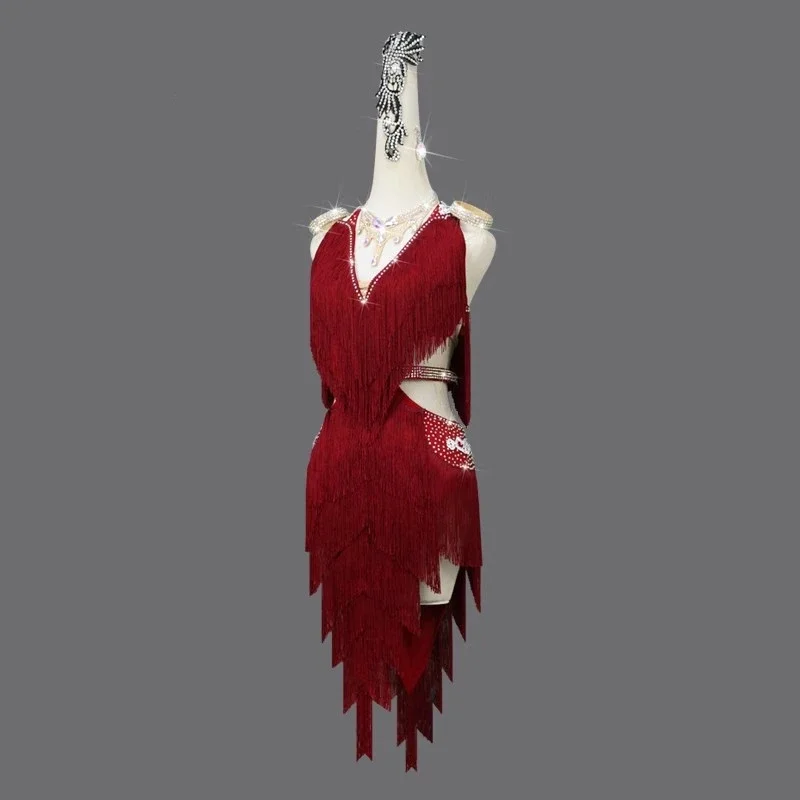 Red Latin Dance Fringe Short Skirt Competition Dress vestiti Sexy per le donne Professional Ballroom Practice Wear promozione Samba