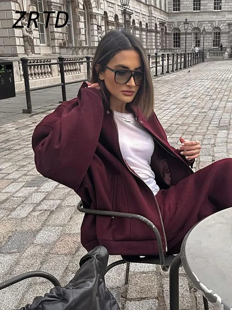 Elegant Patchwork Jacket Women Loose Stand Collar Zipper Long Sleeve Pocket Female Coat 2024 Autumn Lady Street Red Wine Outwear