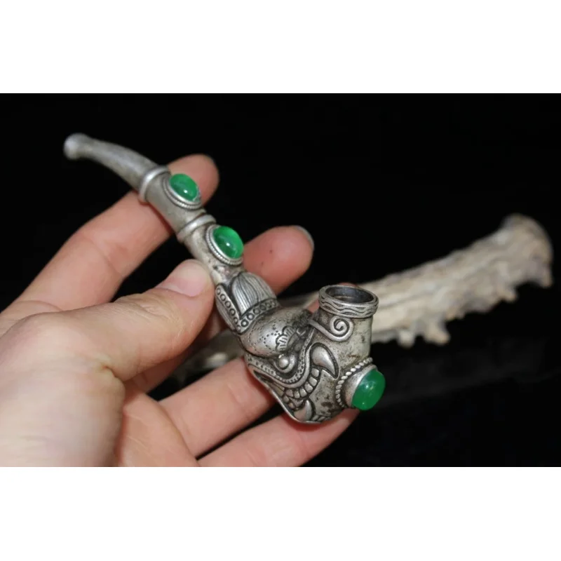 

China Folk Old Tibetan Silver-Embedded Ice Green Jade Tibetan Silver Pipe