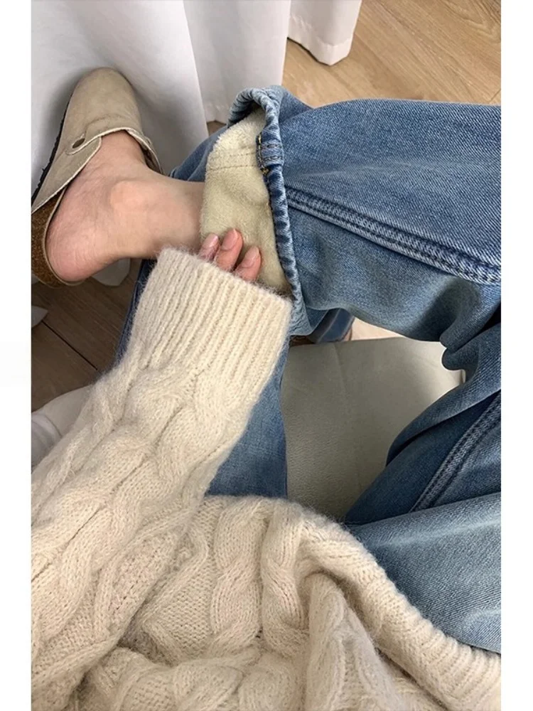 

Джинсы женские больших размеров в американском ретро-стиле, утепленные, с высокой талией, свободные, широкие штанины, повседневная одежда