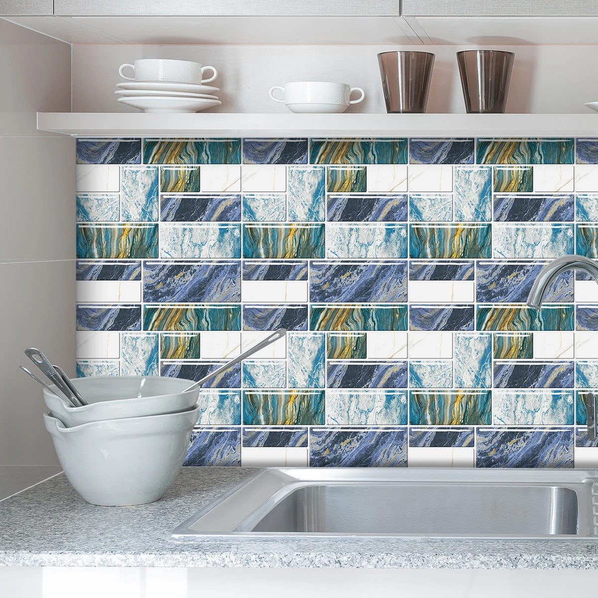 Thick Foam Marble Pattern Tile Sticker for Kitchen Backsplash, Oil-proof, Peel & Stick, Wall Art Wallpaper, White, 2Pcs Set