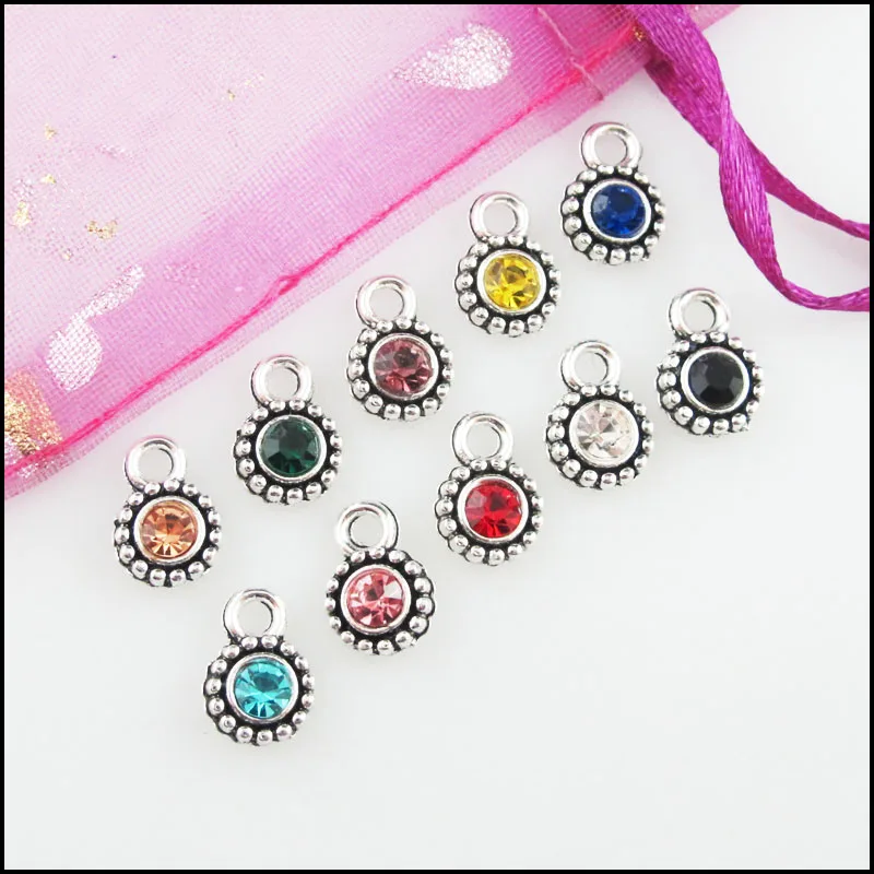 20Pcs Mixed Crystal Antique Silver Color Flower Charms Pendants 8x11.5mm