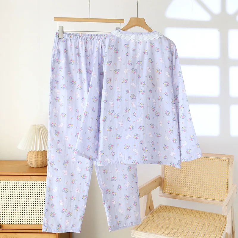 

Женская весенняя тонкая хлопковая одежда для сна, кружевной кардиган с круглым вырезом, рубашка, одежда с подушкой на груди, брюки, пижамный комплект для женщин