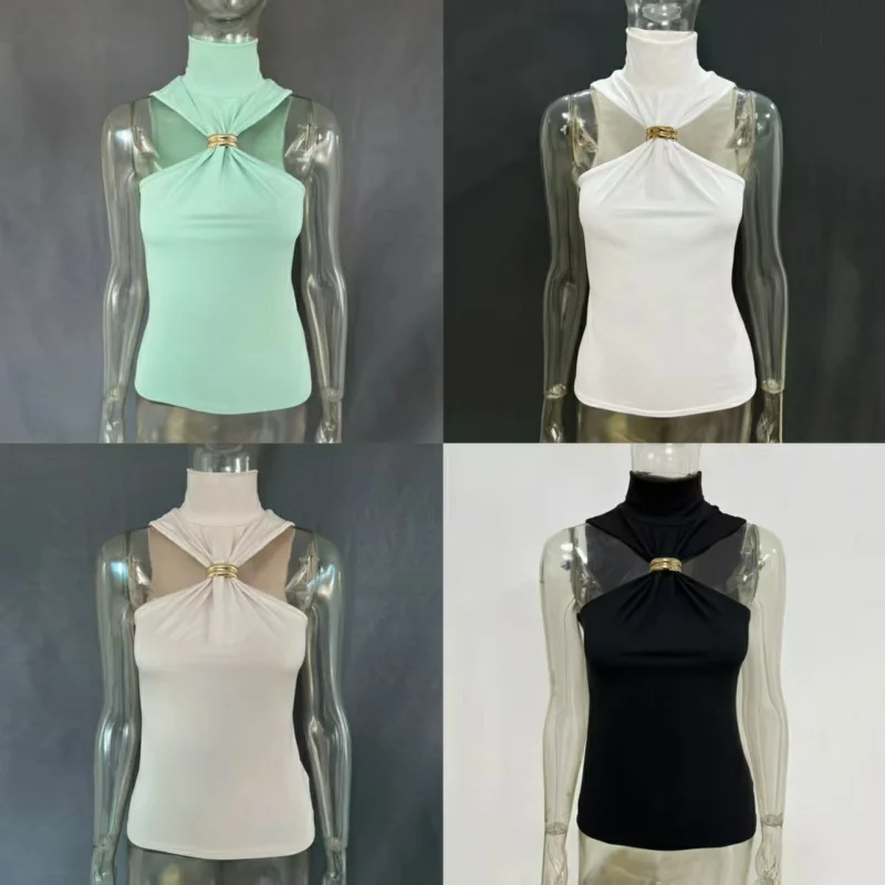 

High Collar Sleeveless Vest Woman Solid Slim Ruffle Top Women Short Tops Summer Female Clothes