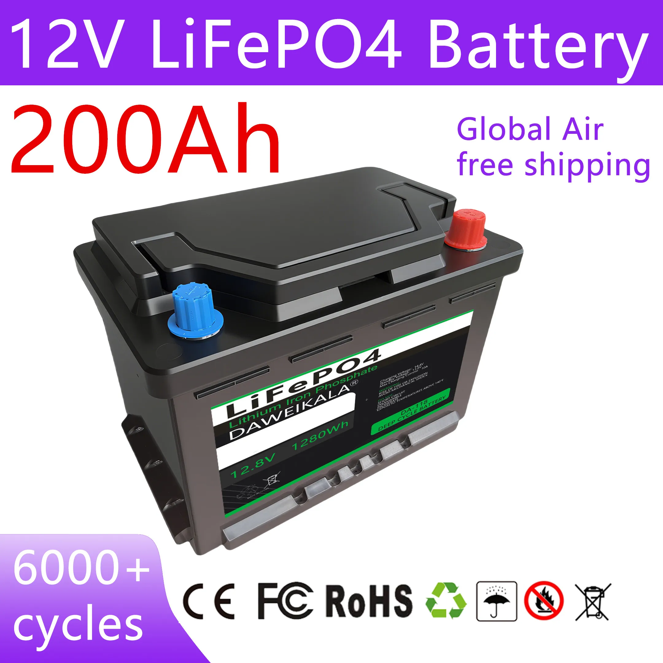Литий-ионный аккумулятор 12В 200Ач 1280Втч 100А BMS LiFePO4 для автодомов, лодок, солнечных систем, кемпинга, водонепроницаемый, для гольф-каров