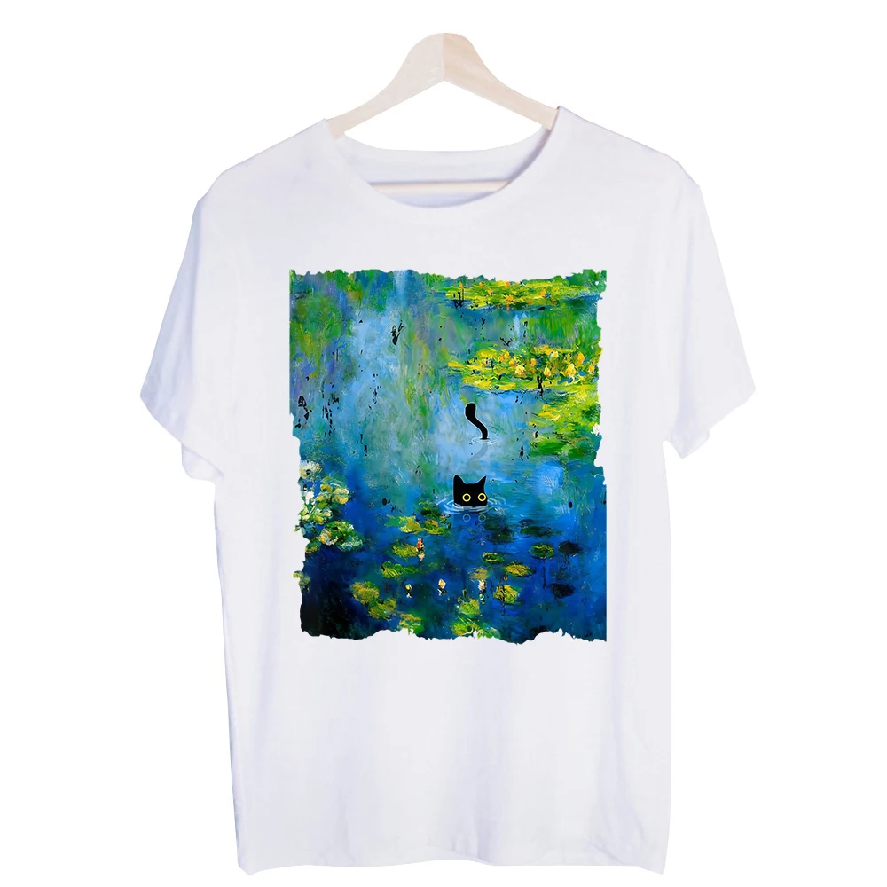 Men's Black Cat in Water Lily Pond Graphic Tee, Artistic Print Short Sleeve T-Shirt for Casual Summer Outfits