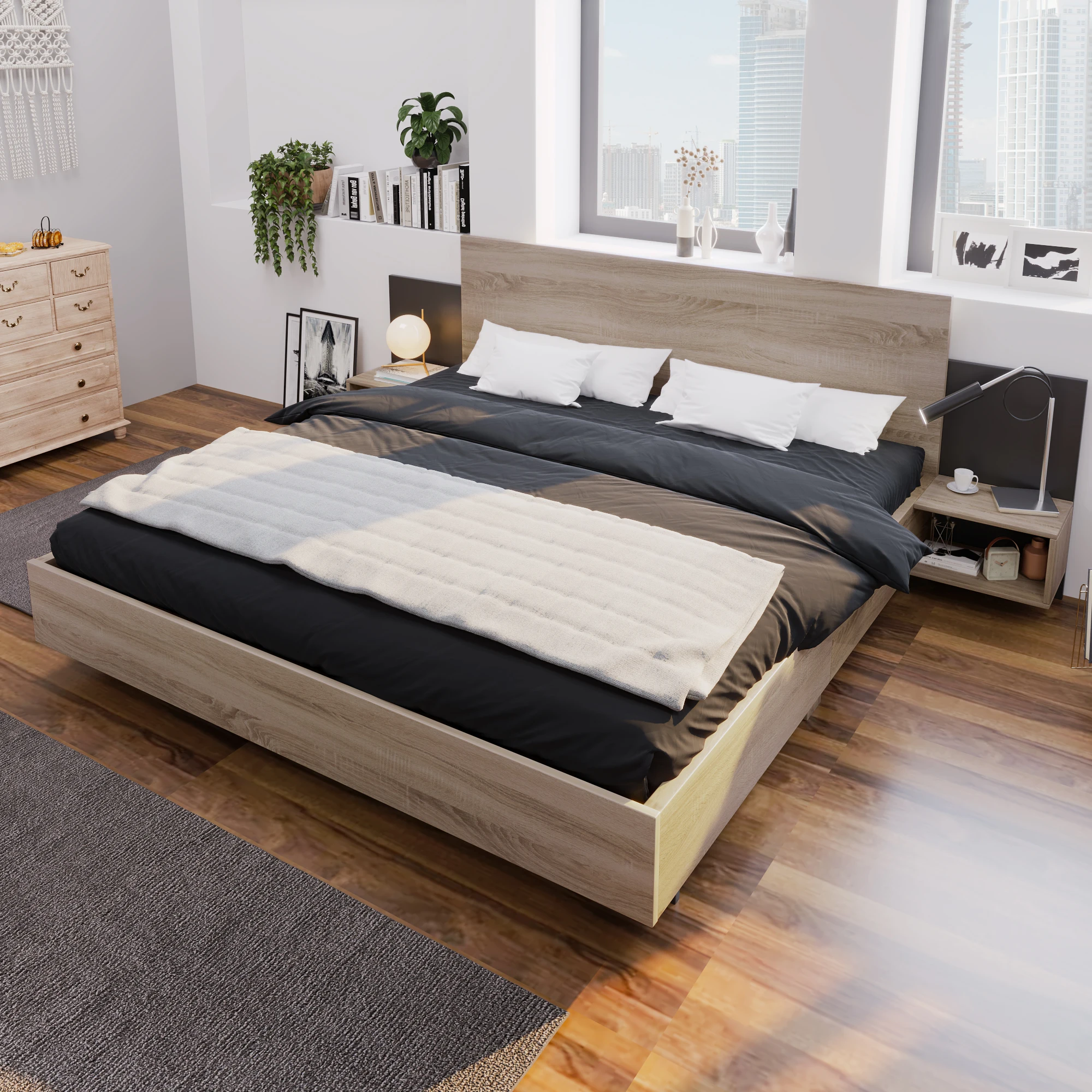 Lit double 160 × 200 cm avec 2 tables de chevet intégrées - sans matelas, bois massif - Sonoma et gris foncé