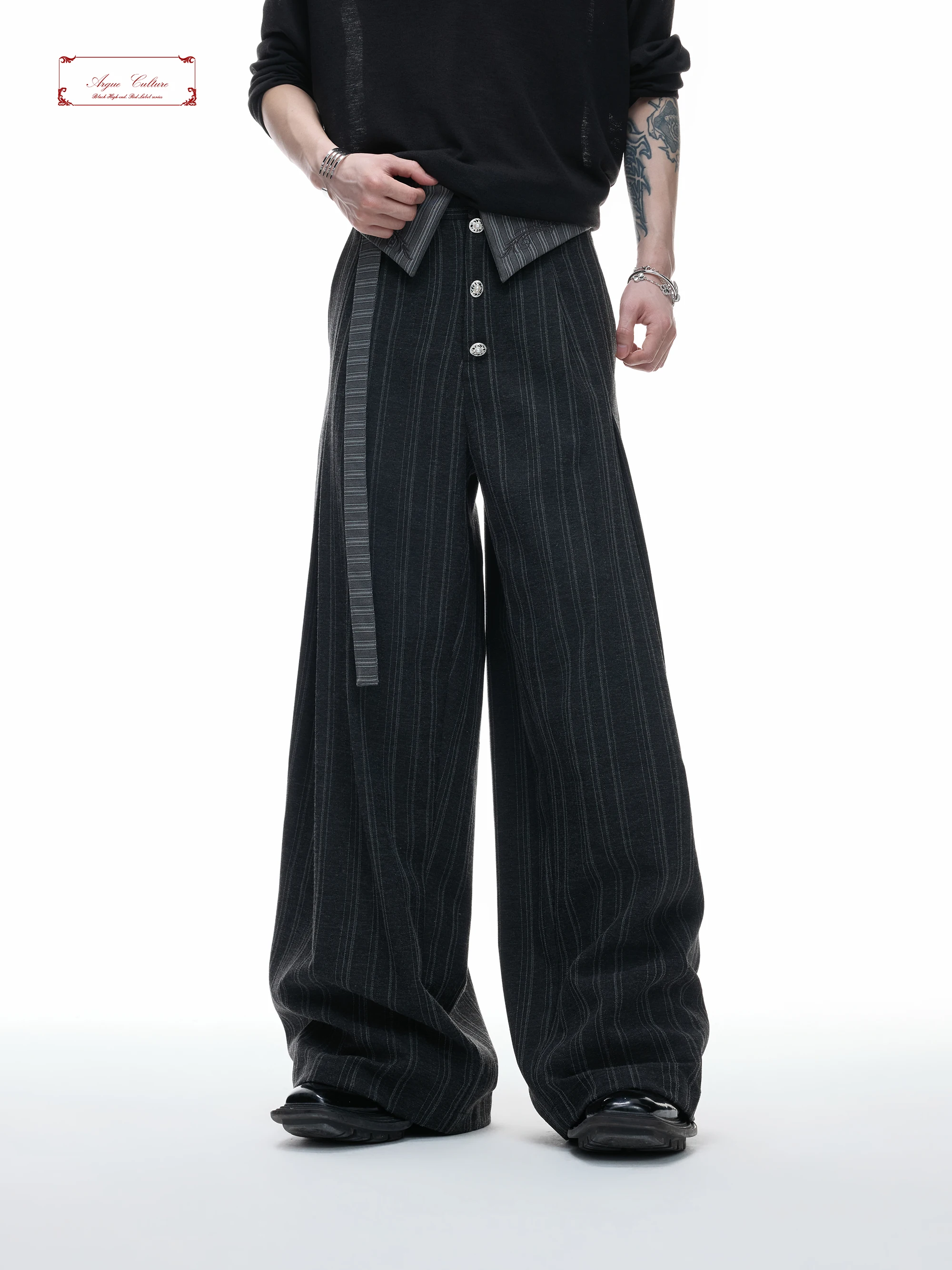 Argue High Waist Wide Leg Casual Trousers Men's Straight Cut Pants with Sash Embroidered Design Casual Summer Leisure Pants