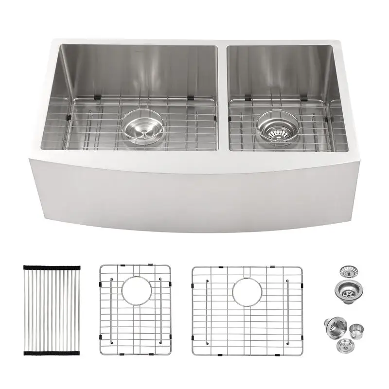 

33"x21"x10" 16 Gauge Stainless Steel 60/40 Double Bowl Apron Front Kitchen Sink with Two 10" Deep Basins