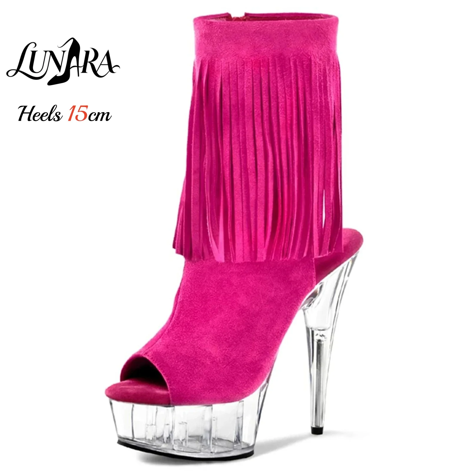 15cm/6Inch Pink Fringe Slingback Open toe Platform Clear heel Stiletto Zipper Boots Pole dance Exotic Nightclub Rave Party Heels