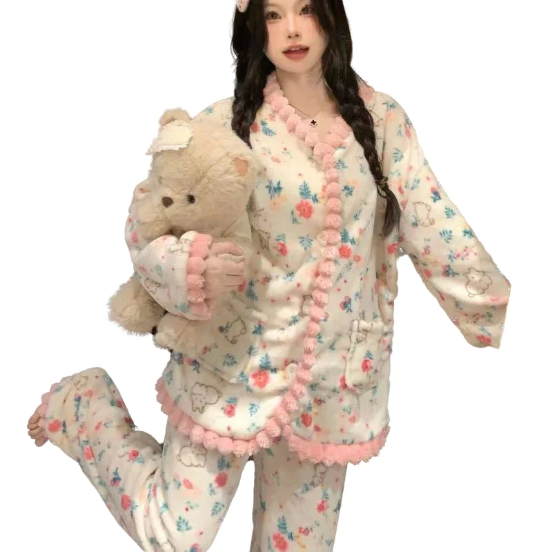 Rubbit Sleepwear Women Pajama Sets Winter Warm Piiama Fleece Night Wears Button Sets for Women 2 Pieces Ruffles Home Suit 2024