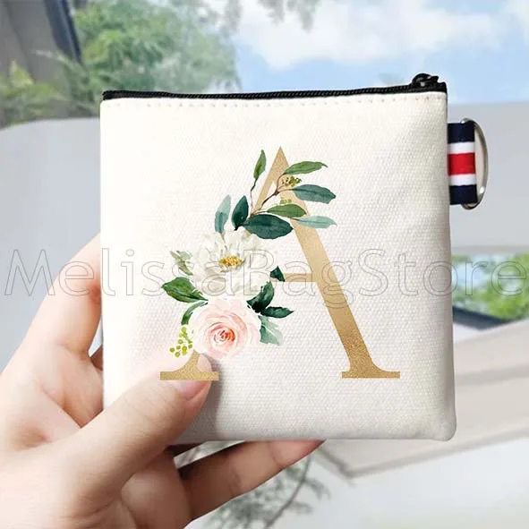花のイニシャル文字 A～Z 花柄モノグラム ゴールド文字 キャンバス コインパースバッグ 小型スクエアキー収納カードバッグ ウォレットポーチ