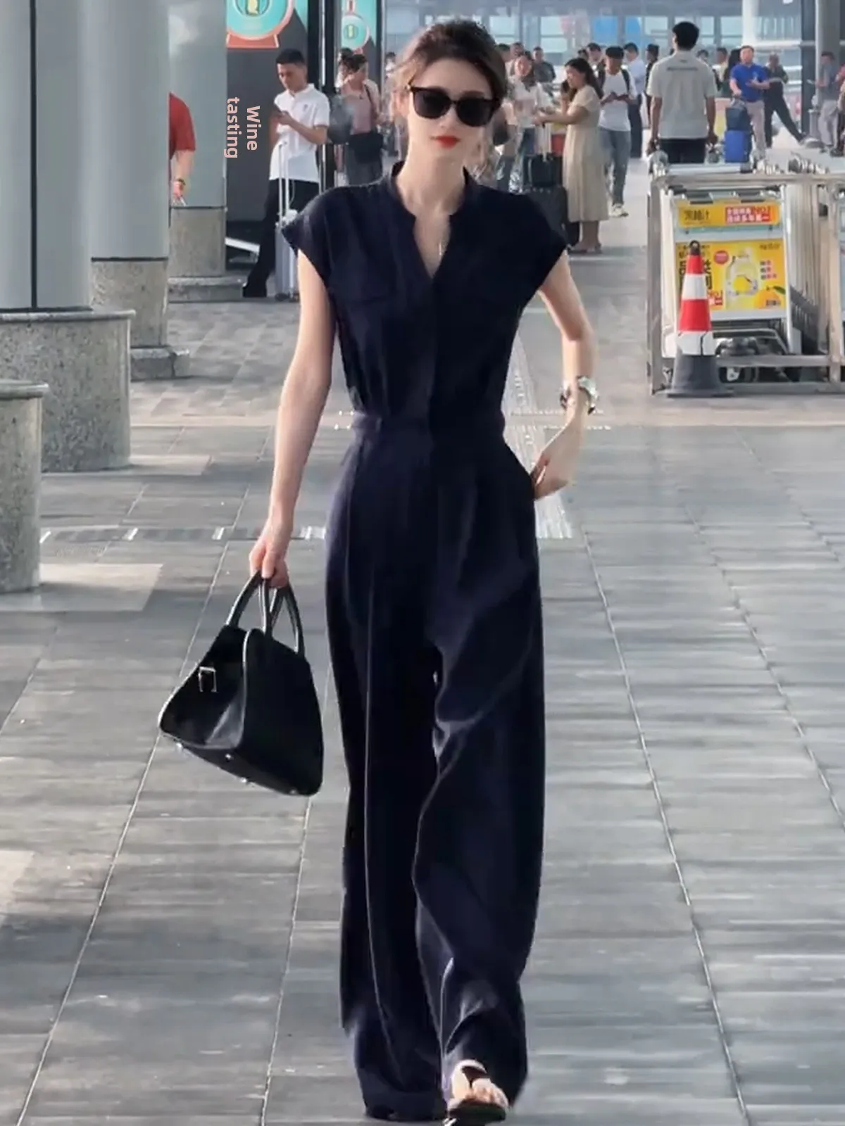 Koreanische Sle Abnehmen V-Ne ort Sve frauen Rer Hohe Taille Breite Bein Hosen Dra Sommer Faion Casual Outfit