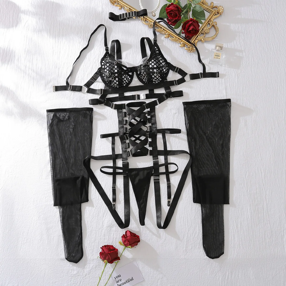 

Lovermore Sissy Open Lingerie Cup Sensual Bandage Uncensored Underwear Fine Push Up Bra Crotchless Exotic Outfits with Stocking