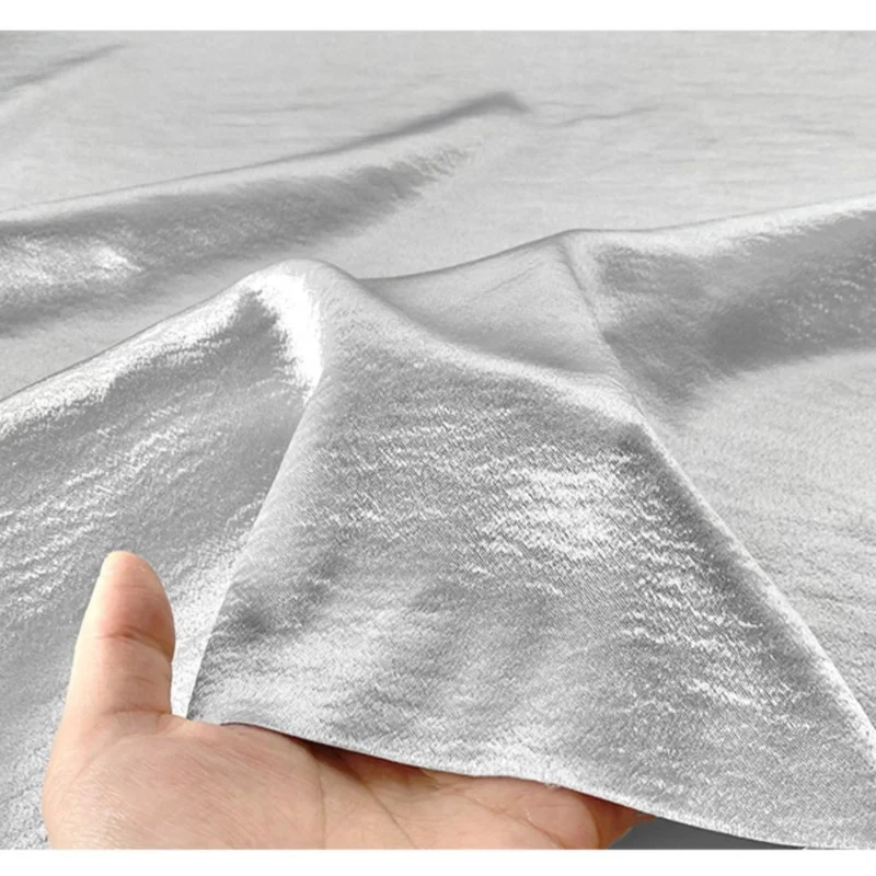 Silver Water Ripple Elastic Anti-Wrinkle Glossy Drape Cambric Satin Designer Fabric