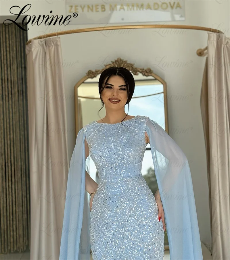 Abendkleider Blue Mermaid Prom Dresses 2024 Customize Arabic Dubai Beaded Formal Evening Gowns For Women Cape Sleeve Party Dress