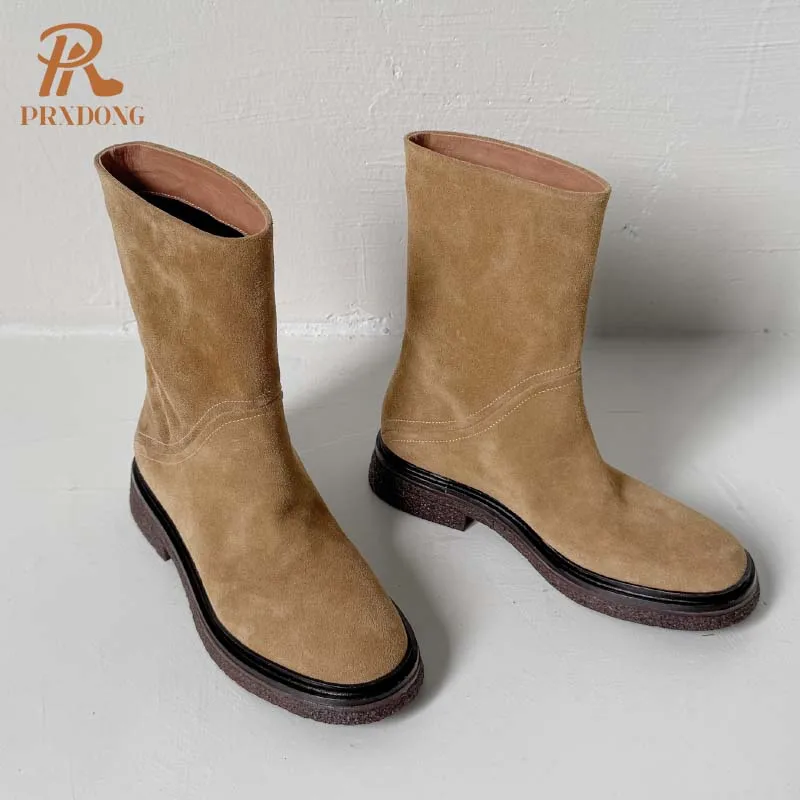 PRXDONG marque en cuir véritable femmes chaussures talons moyens bout rond abricot marron décontracté femme bottines automne hiver taille 34-39