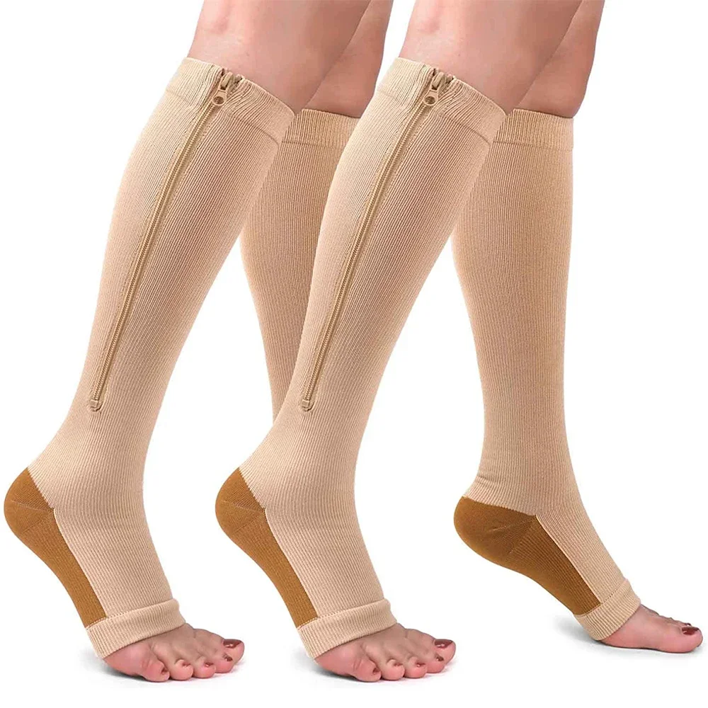 2Pairs Zipper Calf Compression Length Stocking for Women Slim Sleeping Beauty Leg Calf Prevent Varicose Veins, Sports Runing