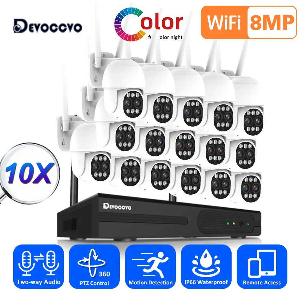 16CH 4K HD Wireless CCTV Surveillance System Auto Tracking 10X Zoom PTZ IP Security Camera System Dual Lens 8CH Wifi NVR Kit 8MP