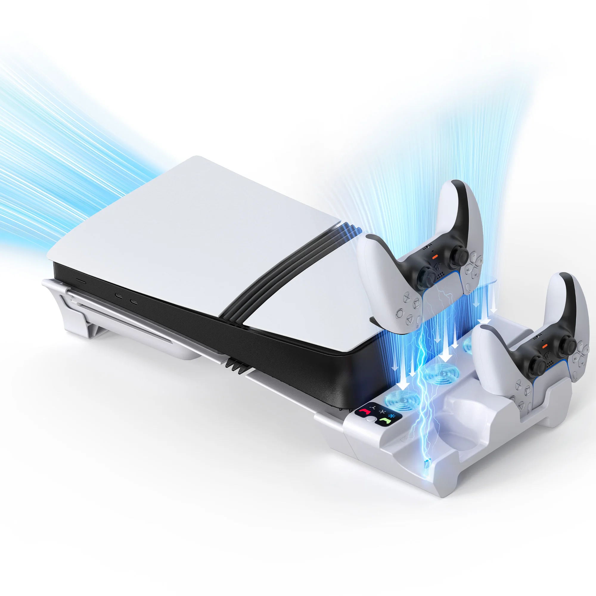 Horizontal Stand and Cooling Station with 3-Level Cooling Fan Dual Controller Charger for PS5 Slim/PS5 Pro Disc/Digital Edition