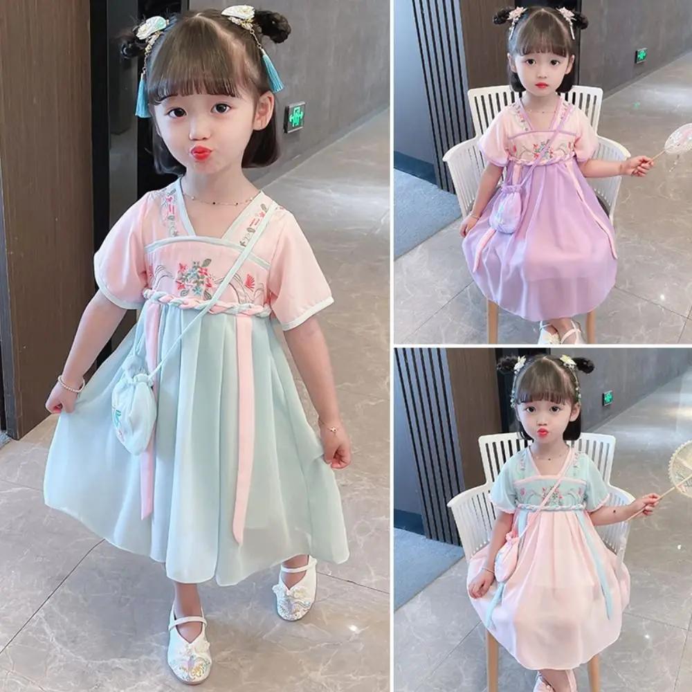 Novo estilo chinês vestido da menina do bebê do vintage manga curta hanfu vestido azul roxo vestido de princesa das crianças do bebê