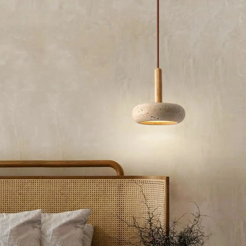 Round Japanese Stone LED Pendant Lamp, Wood Chandelier, Bedroom Bedside Light, Dining Table Style, Modern Home