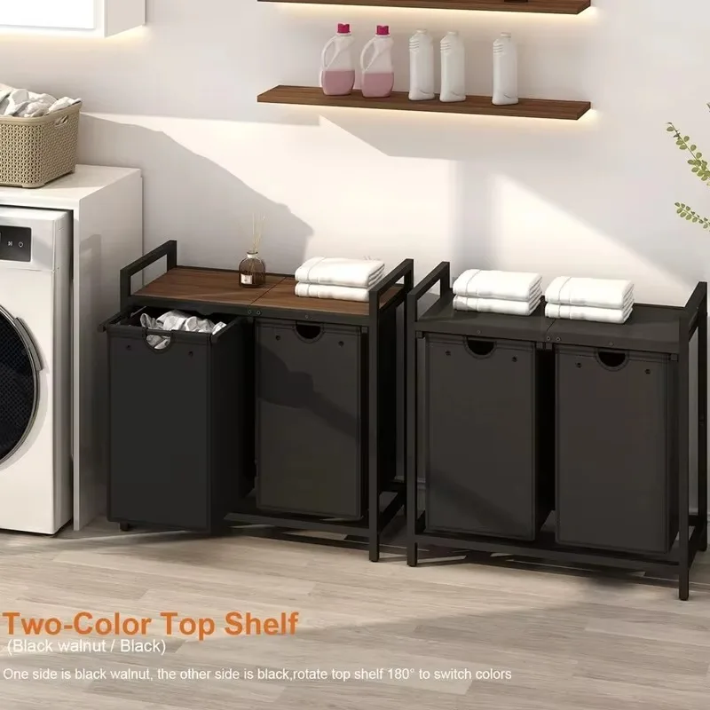 Newly designed laundry basket with 2 removable laundry sorting bags and top shelf hangers for laundry bathroom