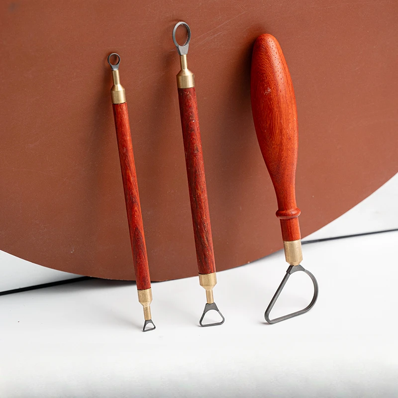 Red Rosewood Tungsten Steel Double-ended Trimming Knife Pottery Tool Clay Sculpture Scraper Texture Ceramic Retro Ring Knife