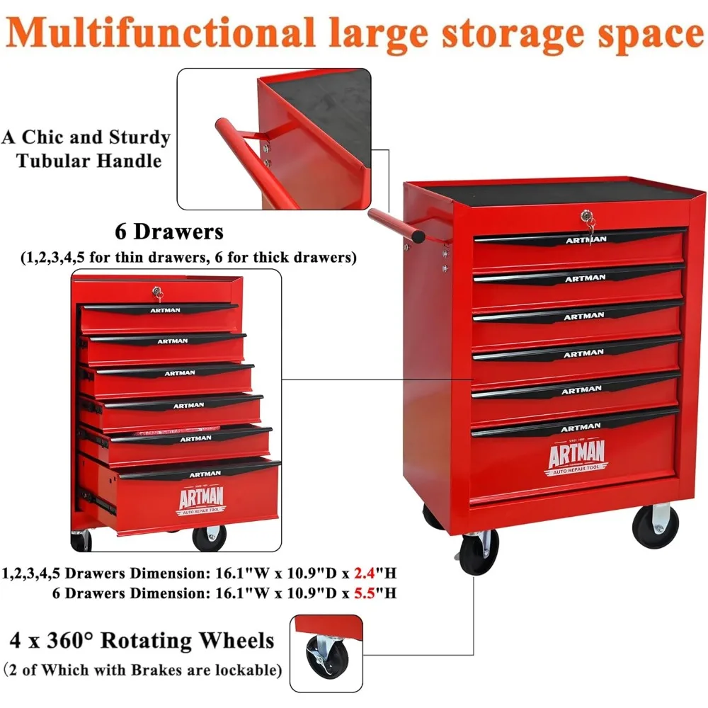 Multifunctionele rollende gereedschapswagen met 6 laden, robuuste trolley-organizer voor gereedschapsopslag in magazijnen