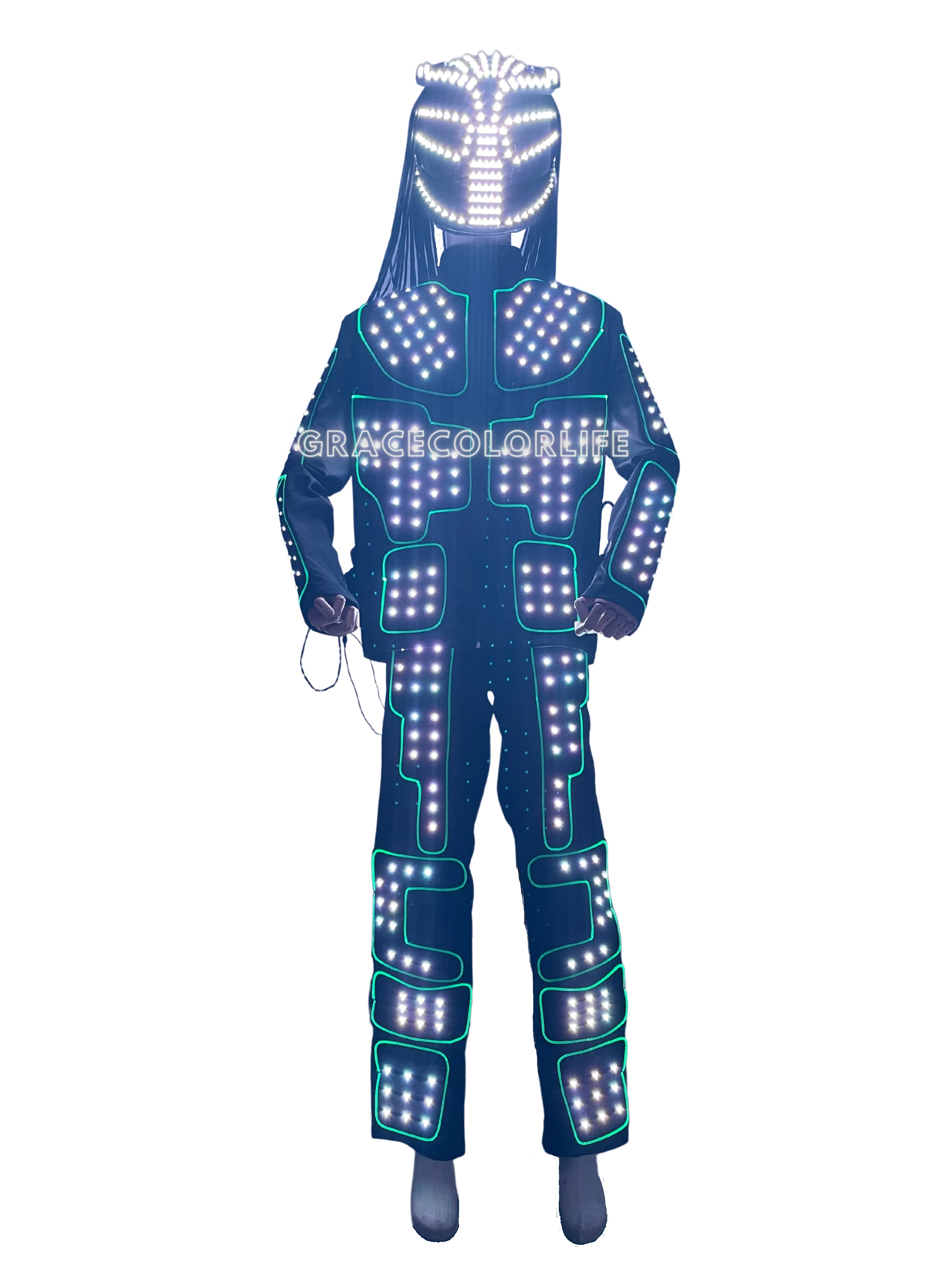 남성용 LED 로봇 라이트 파티 코스튬 성인용 헬멧 포함 발광 의상 공연용