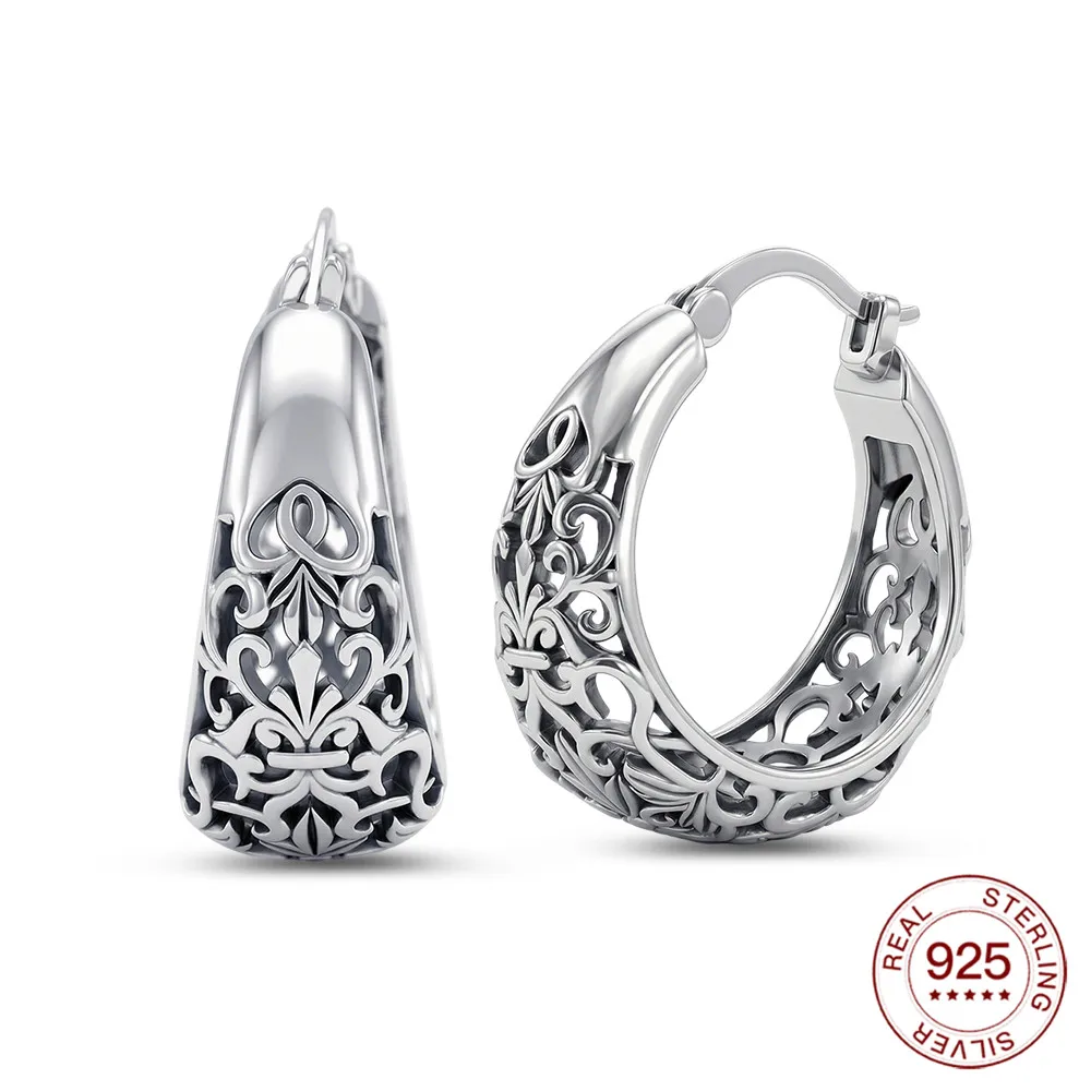 925 Sterling Silver Scroll Grass Pattern Large Hoop Earrings Women's Jewelry Elegant Daily Wear Love Gifts Fashion Stud Earring
