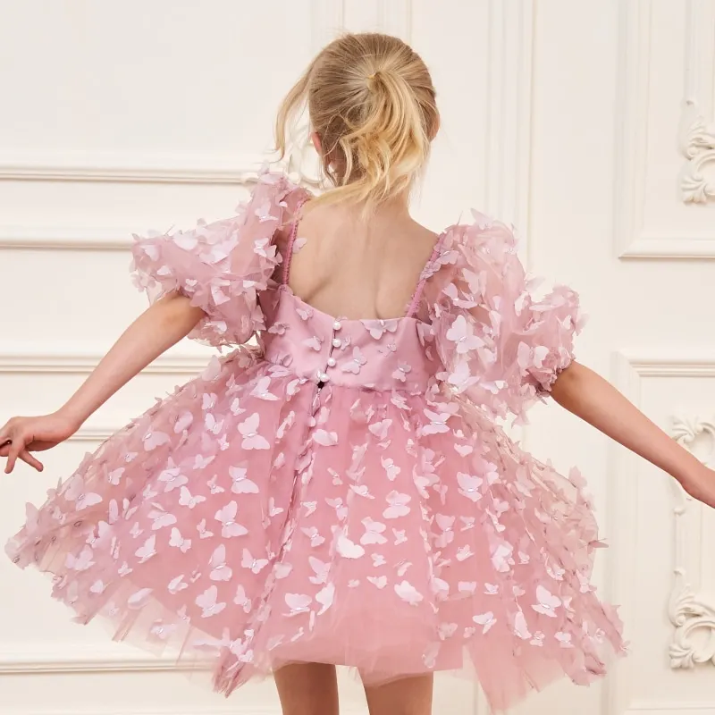 Fashion Baby Girl Princess Butterfly Tulle Dress Puff Sleeve Child Tutu Vestido Pageant Party Birthday Baby Clothes 1-12Y