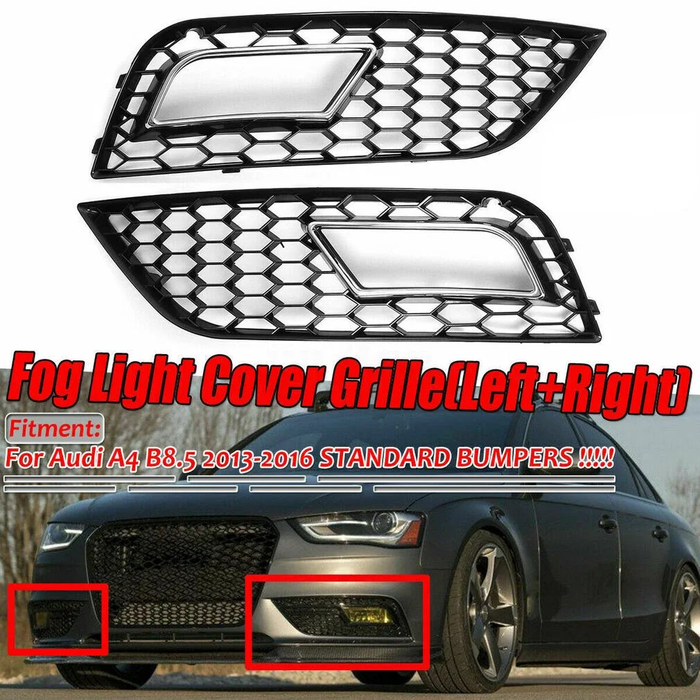 

2X Gloss Silver Car Front Bumper Fog Light Grill Grilles 8K0807681K,8K0807682K For Audi A4 B8.5 Standard Edition 2013~ 2016