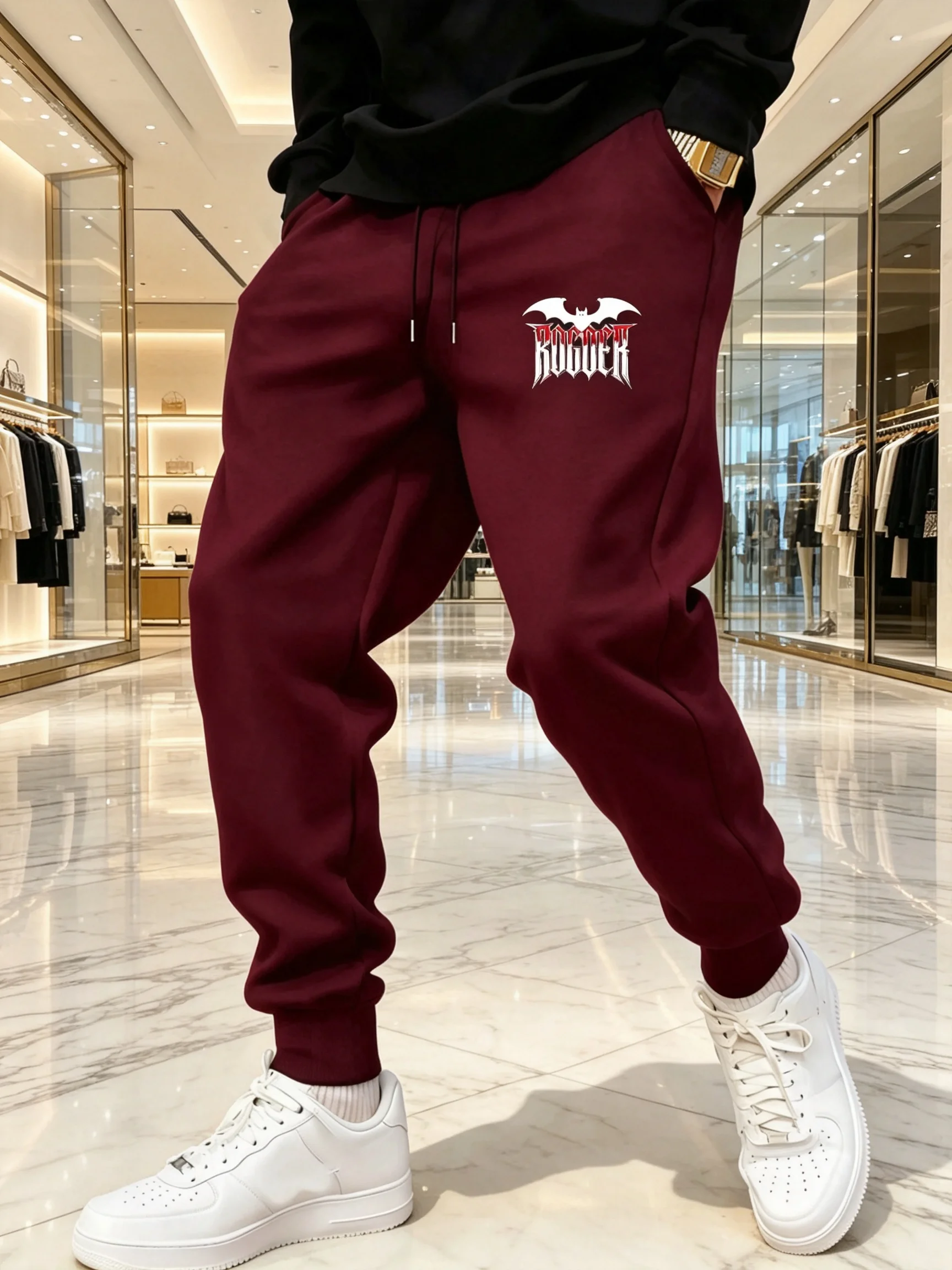 Unisex-Jogginghose mit Fledermaus-Logo und ROCKER-Aufdruck, Bündchenhose mit Kordelzug, weicher Stoff für Fitnessstudio, Outdoor, Herbst, Winter, Alltag. – Detail 7