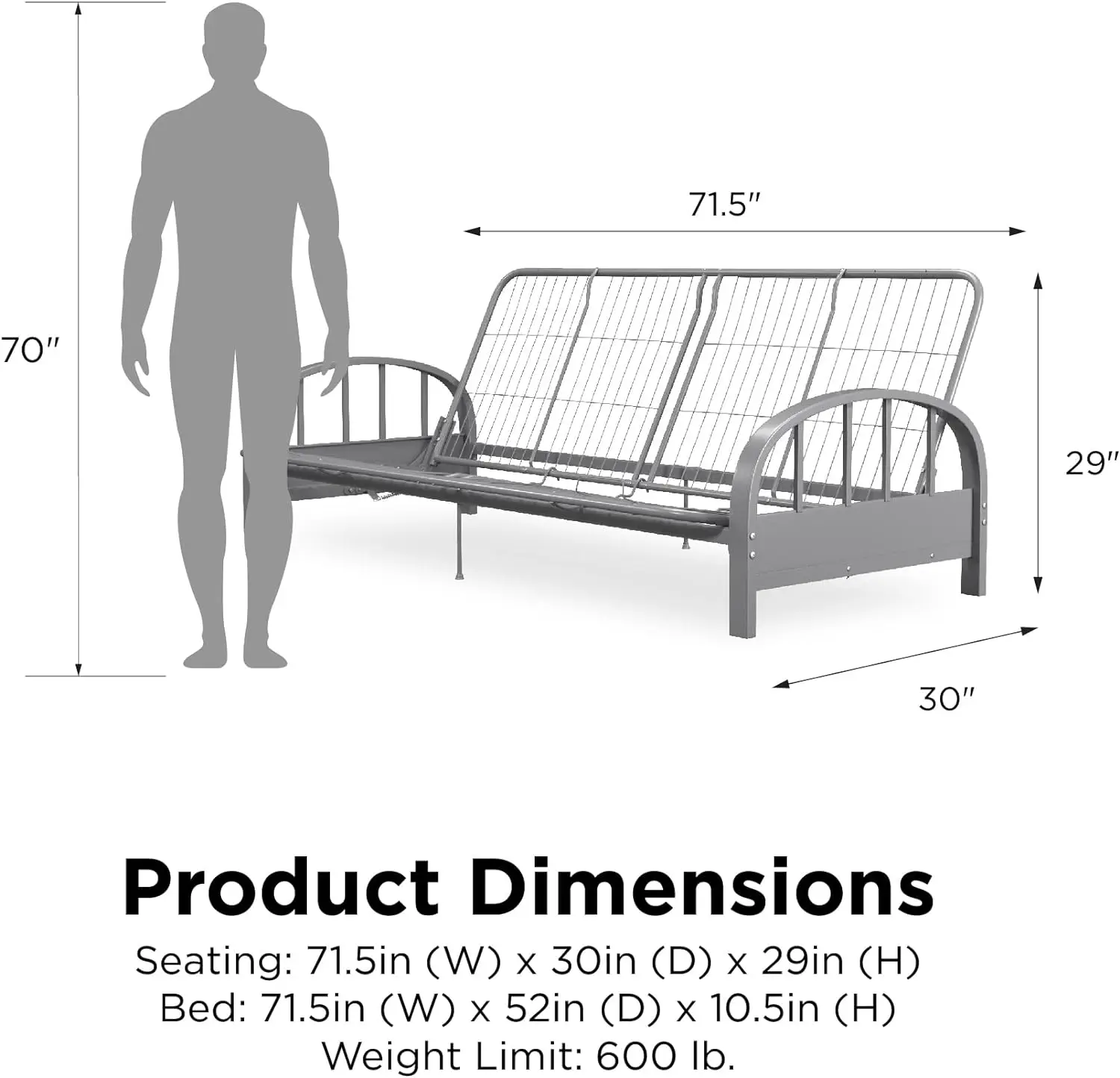 Futon Metal Frame, Converts Easily to a Full- Size Bed, Silver