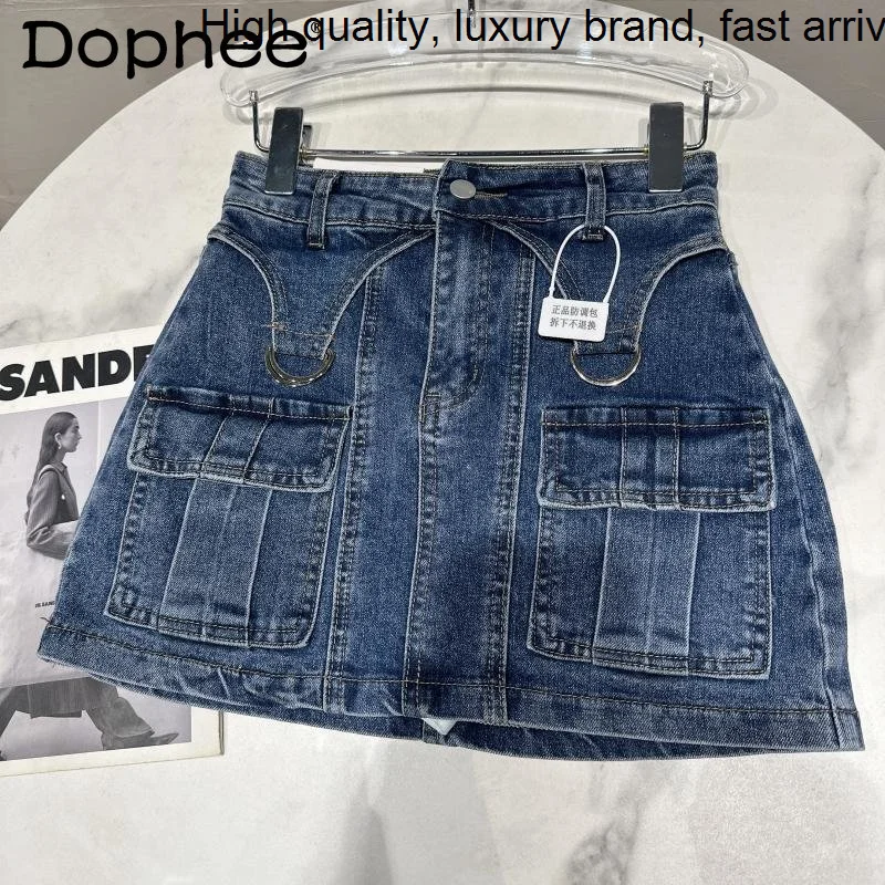 

Spring New 2023 Metal Ring Cargo Pocket Design Washed Denim Hip-Wrapped Short Women A- Line Sheath Jean Mini Skirt Street